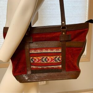 Boho Leather bag/tote with embroidery and zipper. Red suede brown leather